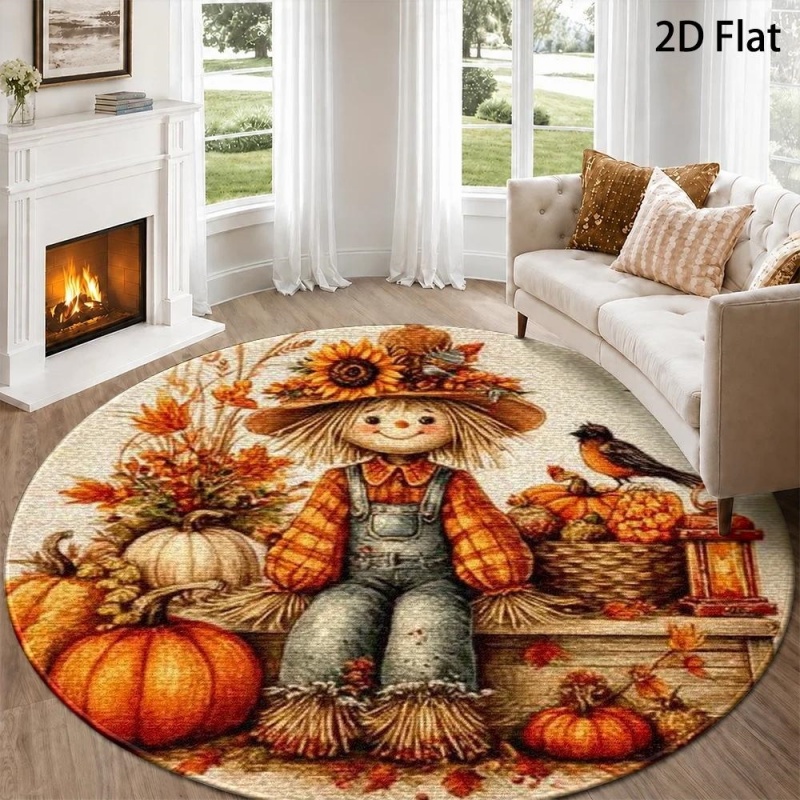 Wholesale Commercial Printing - Cute Scarecrow Fall Harvest Round Rug,Pumpkin